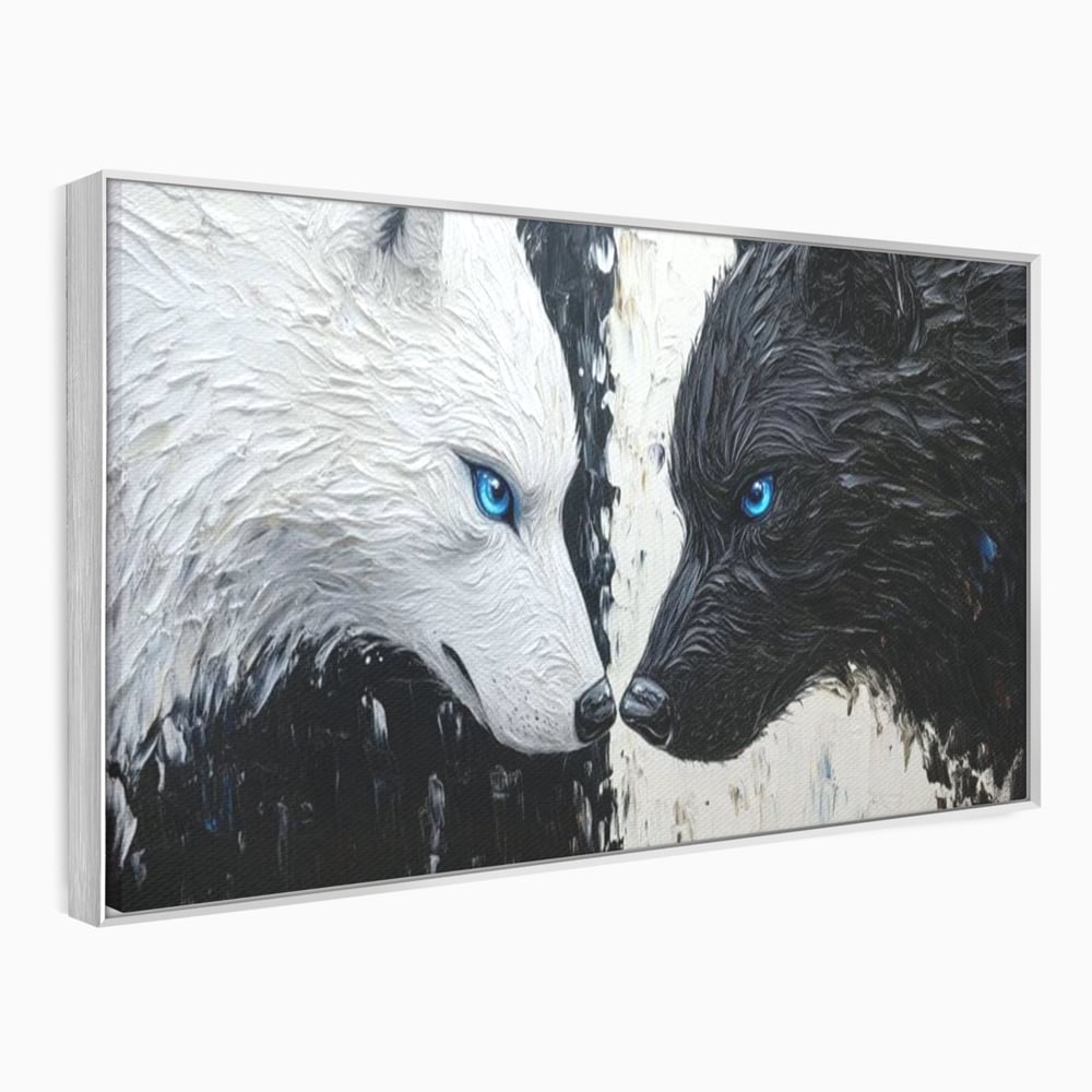 Tablou canvas cu tablou canvas cu doi lupi, in rama de aluminiu argintiu
